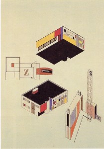 Planos de color de las fachadas de un edificio. Franz Ehrlich, estudiante de la Bauhaus en el taller de Joost Schmidt,  Dessau (Alemania), 1928. 