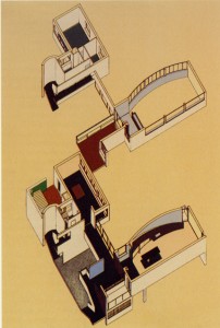 Casa La Roche-Jeanneret, axonometría y sala de exposiciones. Le Corbusier, París, 1923-1925. 