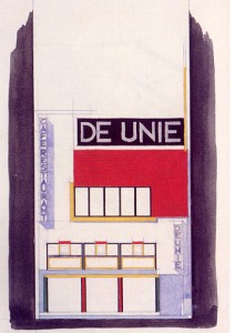 Alzado coloreado del Café de Unie, J.J.P.Oud, Rotterdam, 1925.