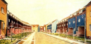.  Postal coloreada de las iviendas de la colonia Falkenberg  en Berlín Grünau, B. Taut, 1913-1934.