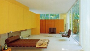 Casa Farnsworth, Mies van der Rohe, Piano, Illimois (USA), 1946-51. El arquitecto frente a la maqueta de la vivienda, vista exterior de la misma y aspecto del espacio interior.